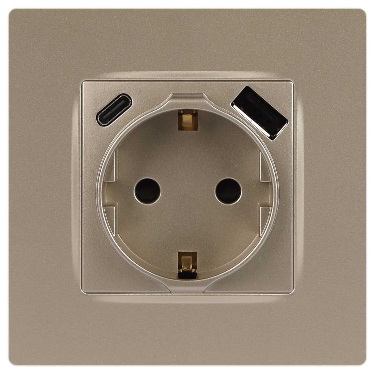 фото розетка эра серия 12 12-4108-04 2p+e 16a-250в со шторками с usb type-a+c 5в-3а шампань б0067727 | 220svet.ru