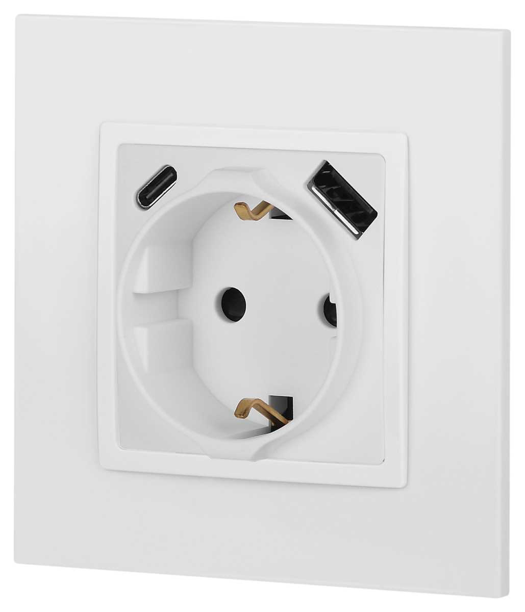 фото розетка эра elegance 14-4108-01м 2p+e 16a-250в со шторками с usb type-a+c 5в-3а белый матовый б0067710 | 220svet.ru