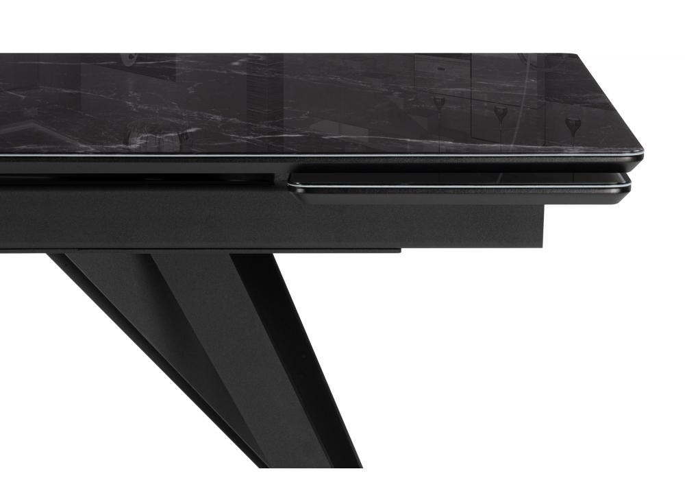 фото стол стеклянный рнаскладной 140(200)х80  woodville дарвин черный мрамор / черный 625983 | 220svet.ru