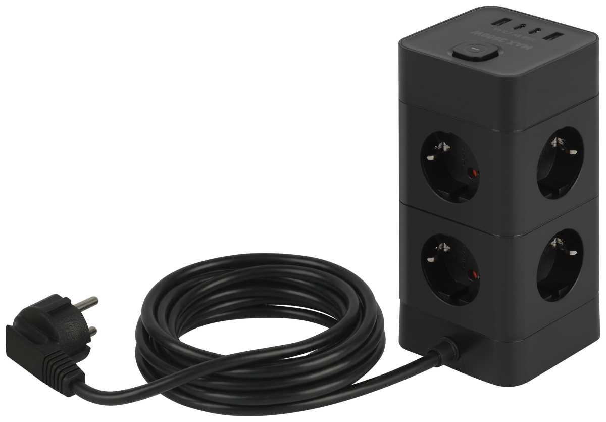 фото сетевой фильтр эра twr-8es-1,5m-4usb-b башня с защитой заземлением с выключателем 8 розеток+4xusba+c 1,5м 16а черный б0069072 | 220svet.ru