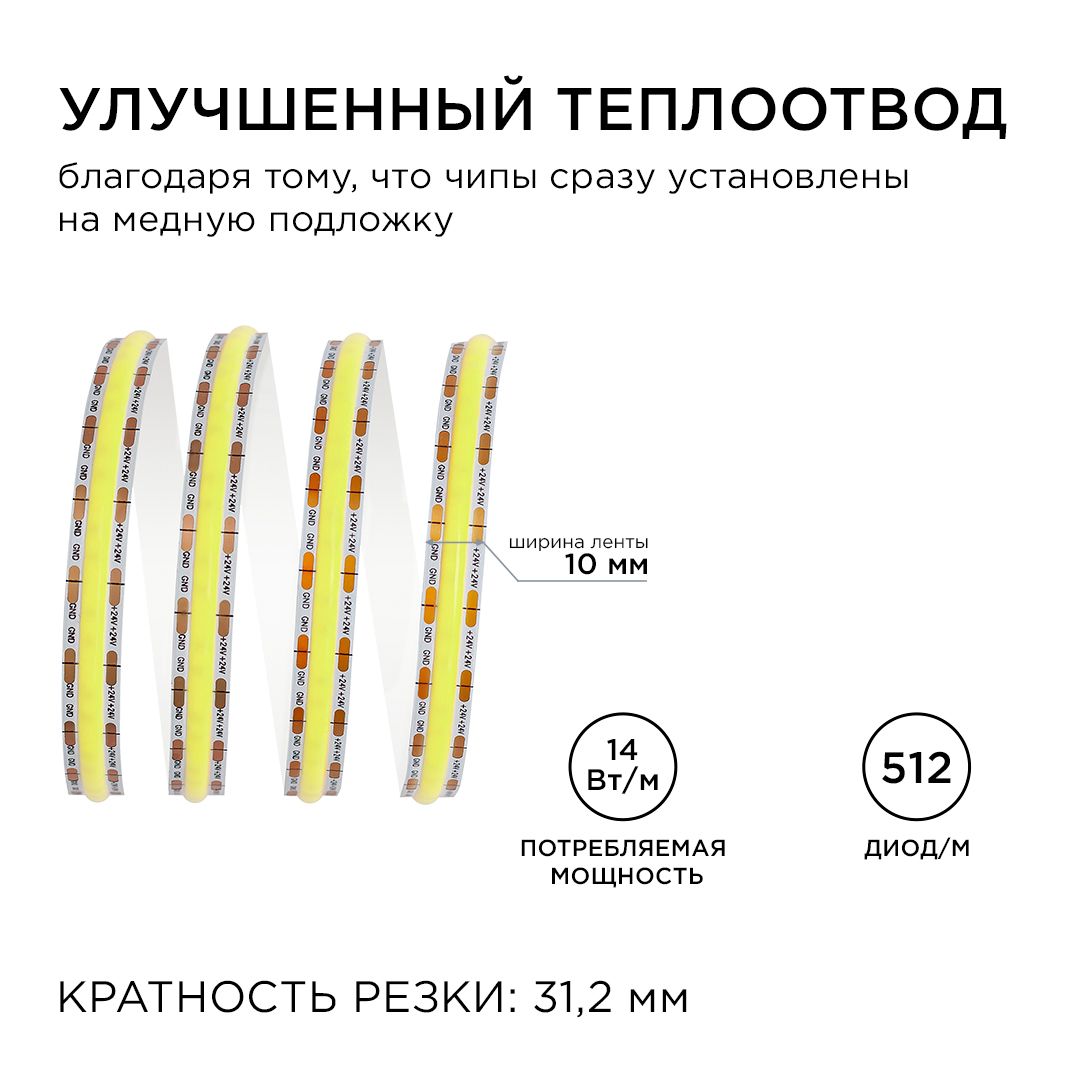 фото лента apeyron 14w/m 512led/m cob холодный белый 3m 200оо | 220svet.ru